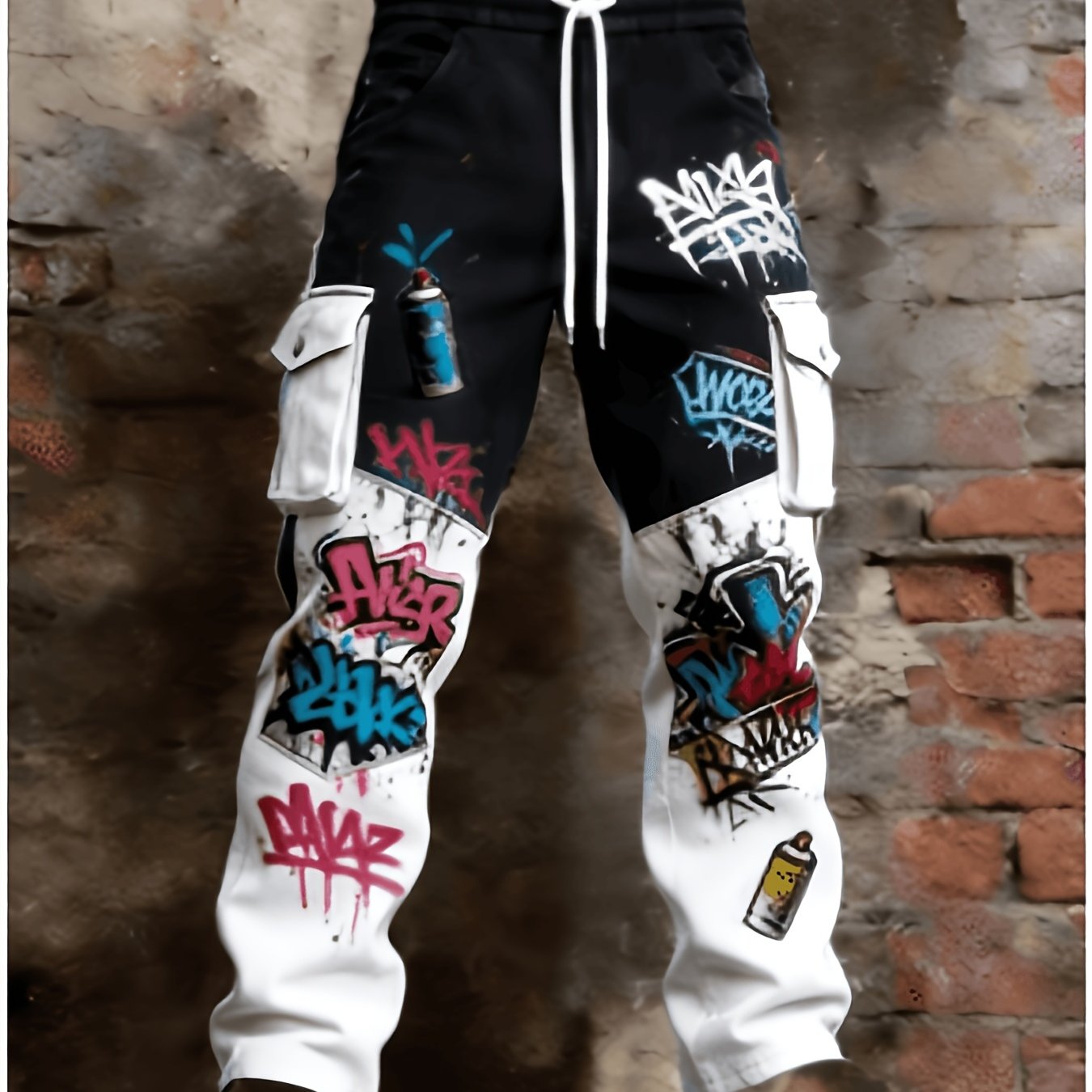 Men's Style Blue And - Graffiti Cargo Jogger Pants With Drawstring Elastic Waist Design And Colorful Print