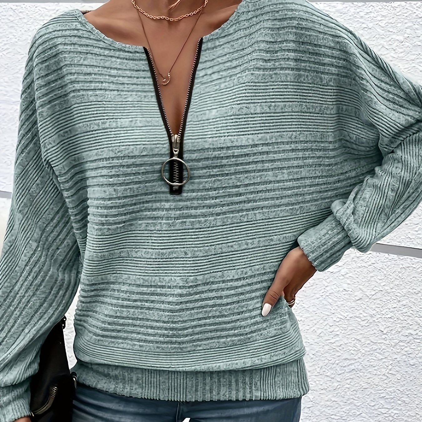 Plus Size - Plus Size - Plus Size Elegant Solid Color Hooded Sweatshirt With Zipper Accent And Long Sleeves For Women
