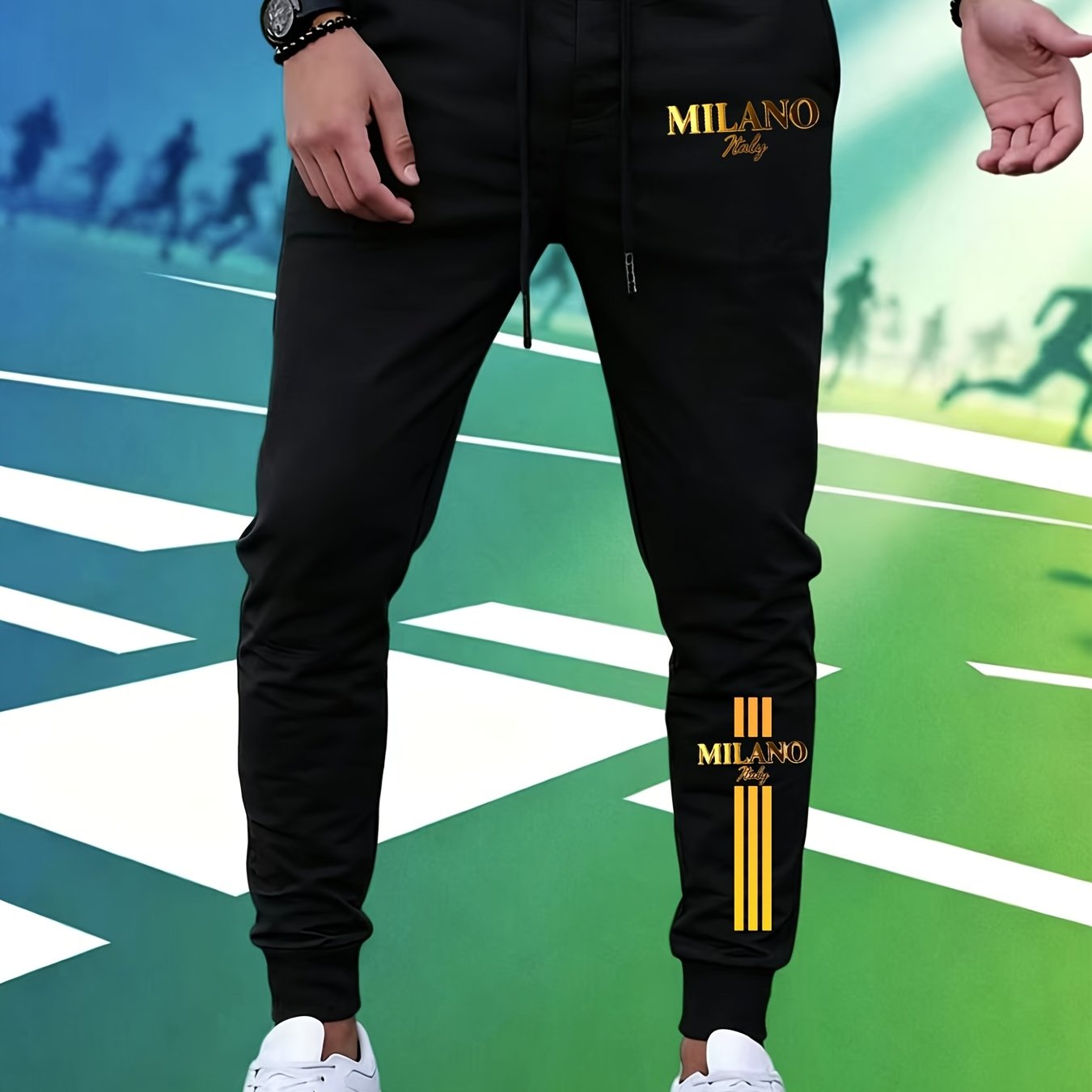 TEMU Golden Trendy Printed Men's Sports Running Pocket Pants, Casual Sports Training Pants, Gym Exercise Jogging Pants, Men's Foot Binding Sanitary