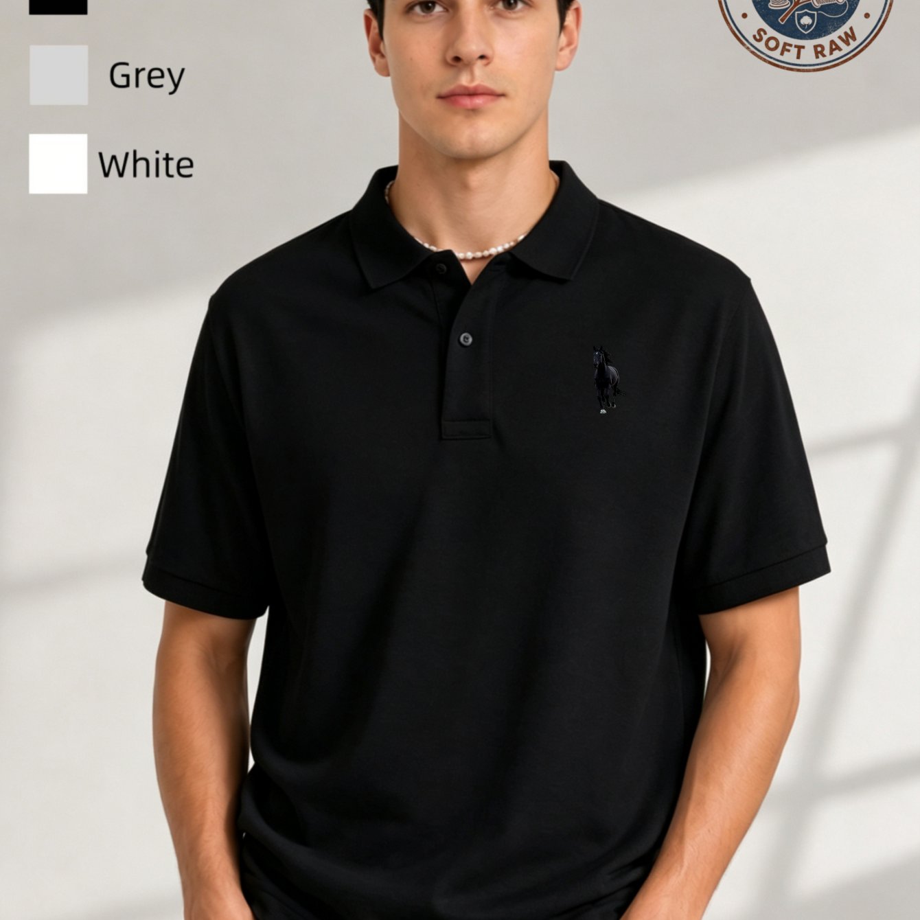 Image of Men's Summer Breathable Short Sleeve Solid Shirt, Horse Embroidery Pattern, 2026 Summer New Short Sleeve High Quality , Mens Quick Dry Golf Shirts Casual Collared Tops, Local Warehouse Shipping