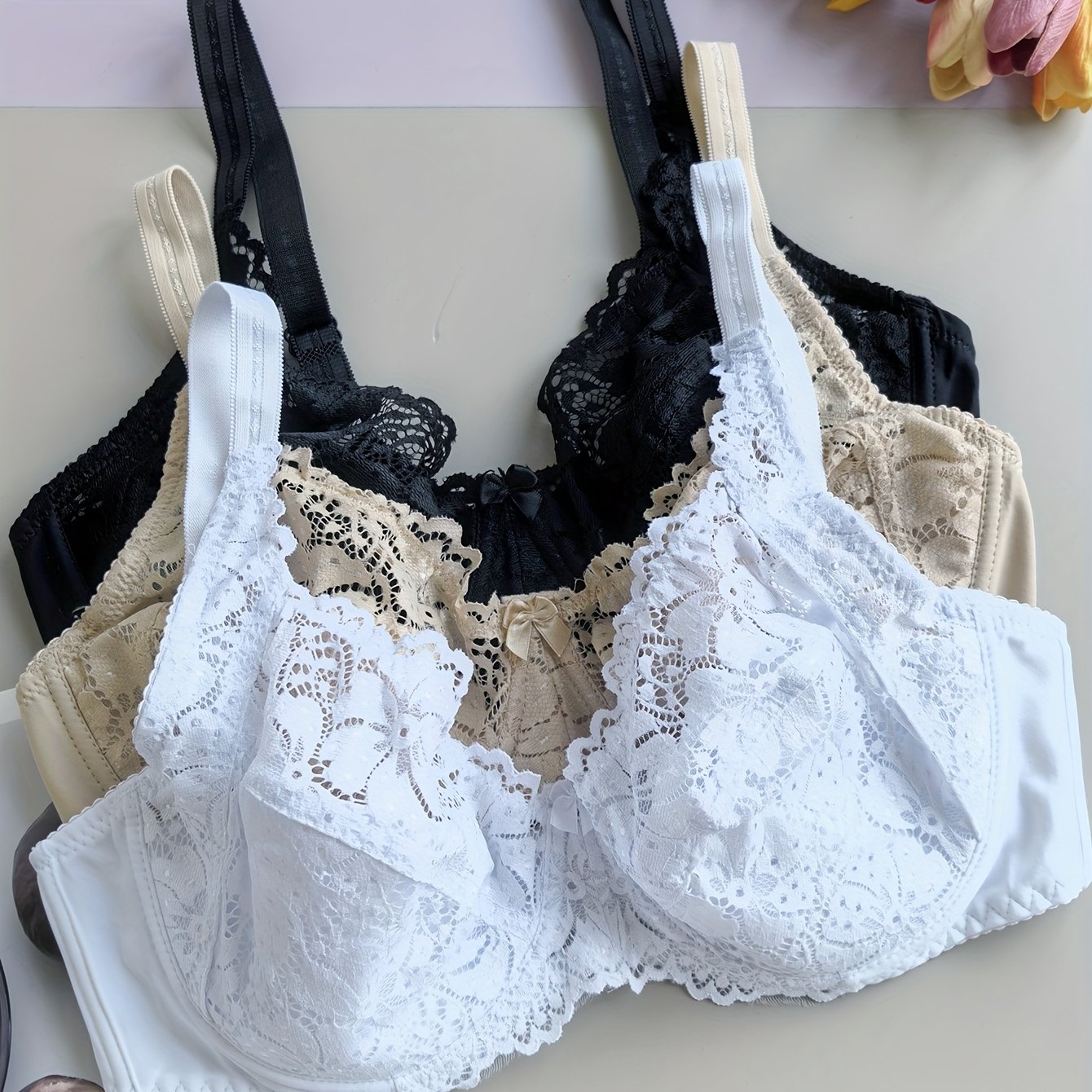 TEMU 3pcs Set Of Ultra-thin Solid Color Plus Size Women's Bras, Elegant Lace Sexy Women's Lingerie