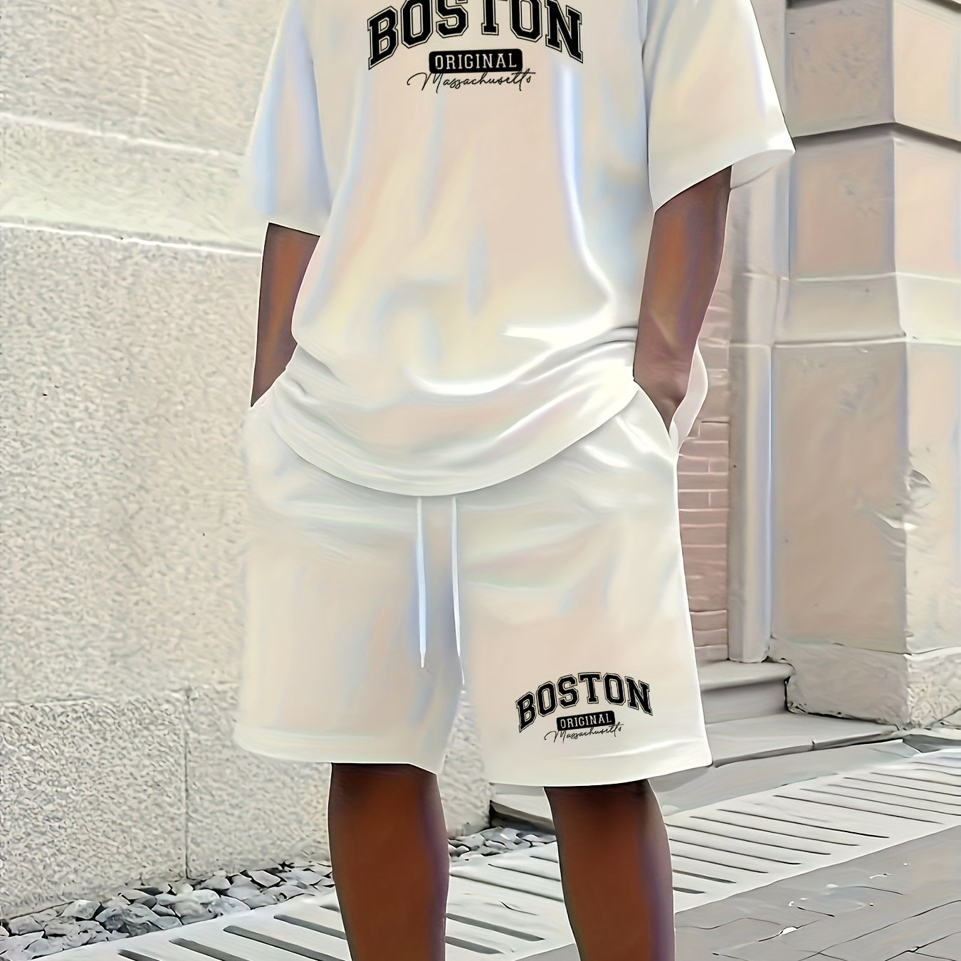 E-shop 2er-Set Herren 3D Freizeit Rundhals Kurzarm und Shorts, Boston , Kordelzug, elastische Taille, Sommer Outdoor Sportbekleidung, weich und