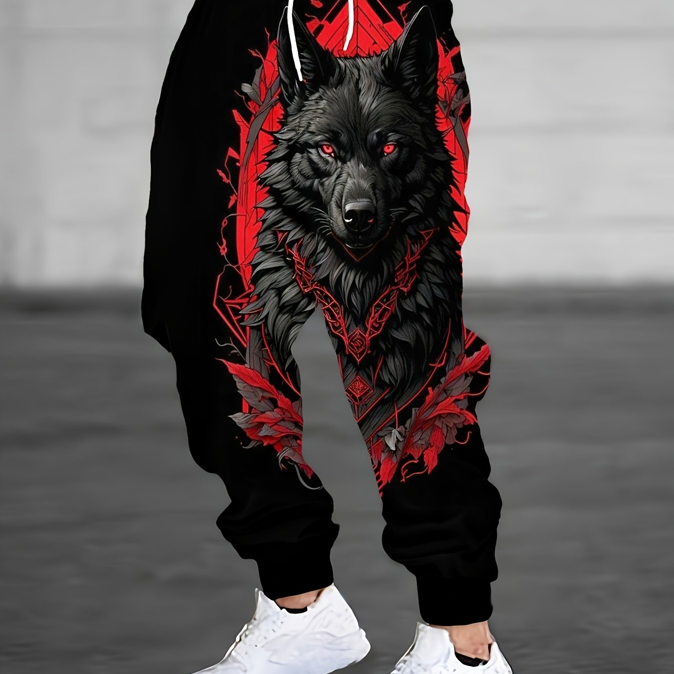 Men's Wolf Print - 3d Printing, Quick-dry, Moisture-wicking Polyester, Long Pants, Ideal For Running And Outdoor Activities, Plus Size Casual Sports Pants, Plus Size
