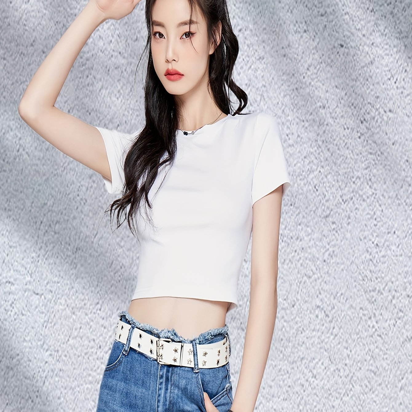 TEMU Women's Y2k High-waisted Crop Top - Stretchy Sexy Belly-baring T-shirt In Black And White, Casual Loose Fit With Round Neckline, Elastic