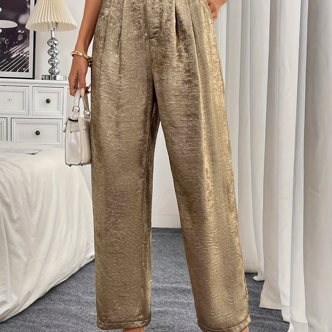 TEMU Women's Summer Long Trousers High-waist Trousers Dress Pants With Pockets, Elegant Casual, Suitable For Daily Social Outing Music Festival