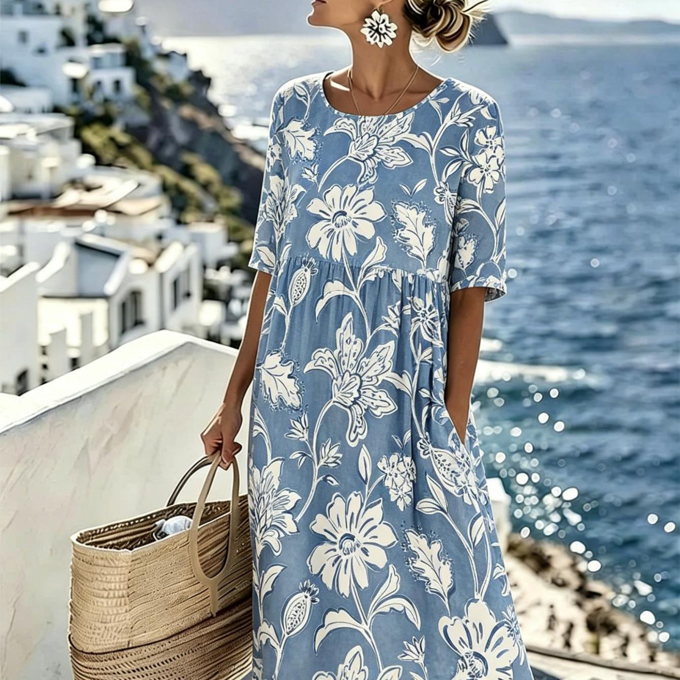 2026 Summer Women's Floral Print Dress, Casual With . Suitable For Beach Vacations, Summer Parties, Daily Wear, And Weekend City . Made Of Machine-washable Fabric