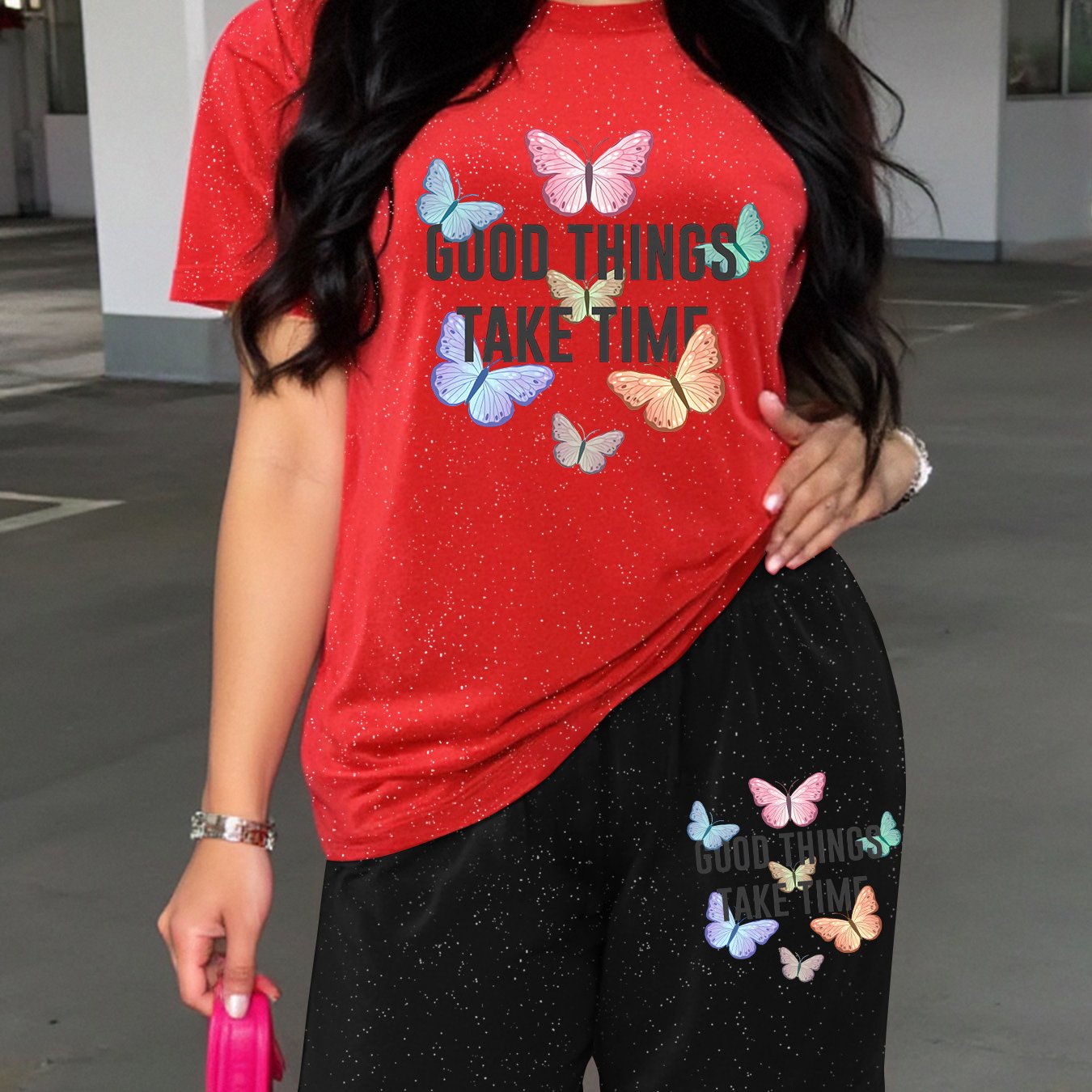 TEMU Fashionable Patterned 2pcs Sportswear Set For Women, Suitable For : Spring, Summer, Autumn, And Winter. Includes A Short-sleeved T-shirt And