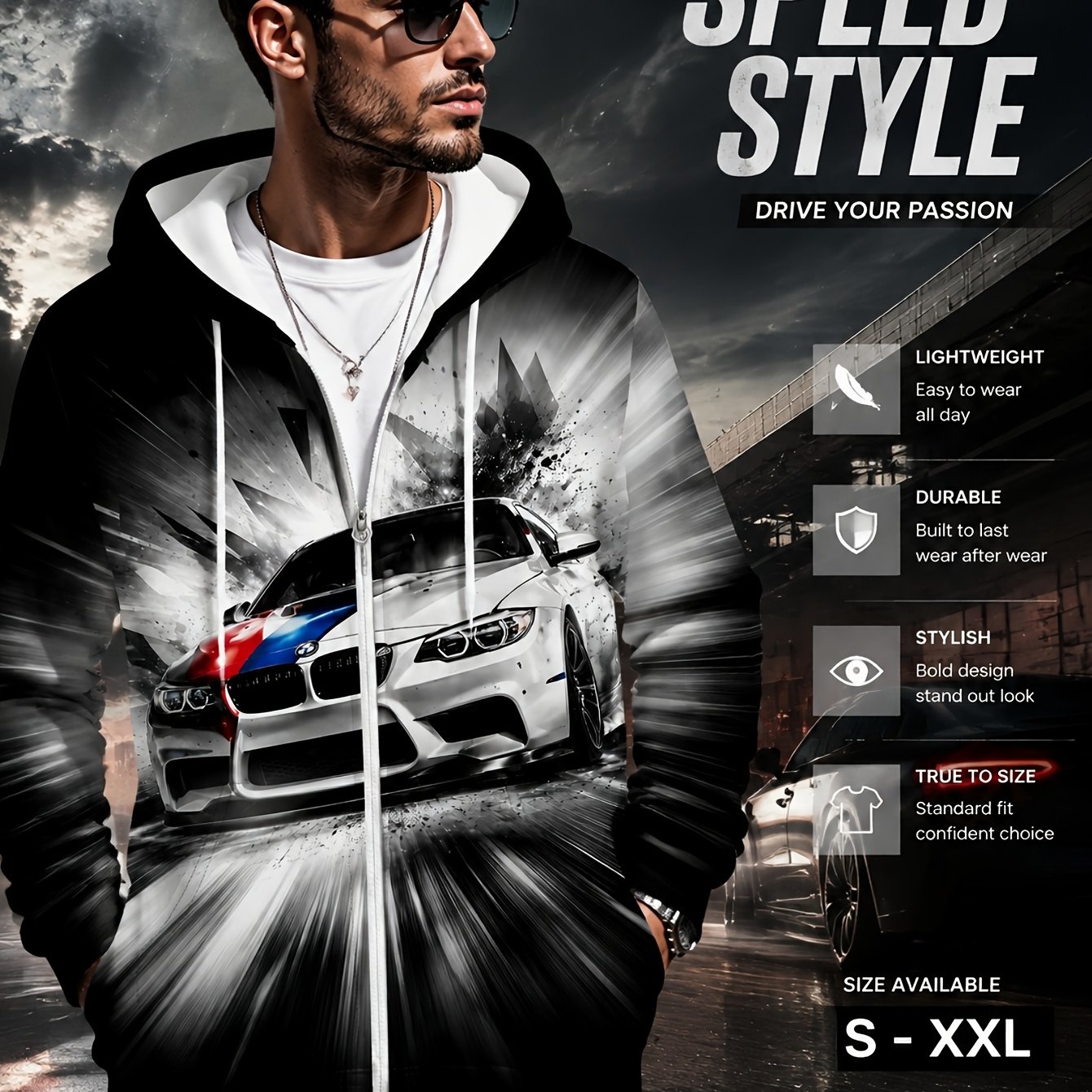 TEMU Printing Car Pattern Hooded Zip-up Sweatshirt Men Women Stylish Casual Sports Jacket Spring Autumn New