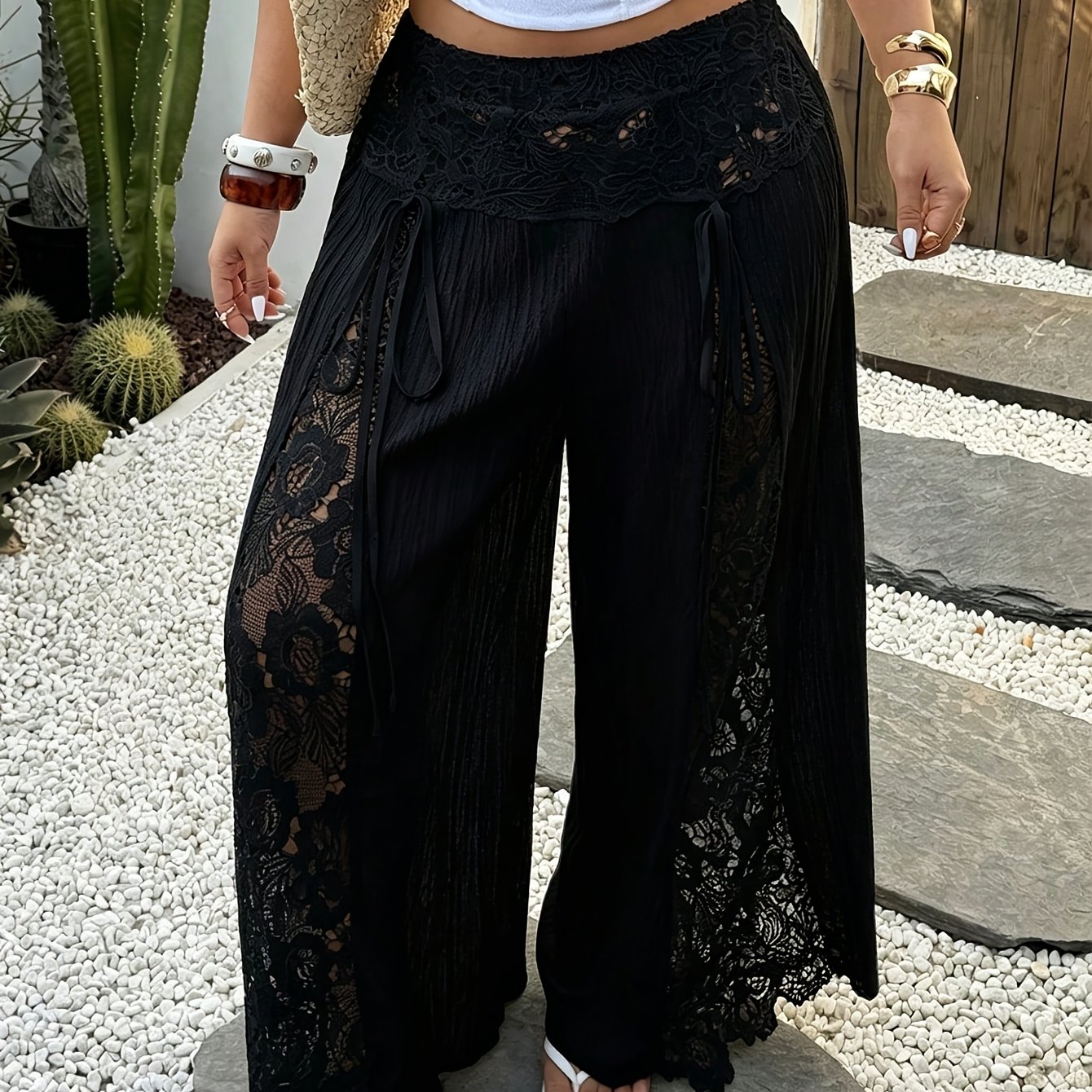 TEMU Plus Size Women's Lace Tie- Versatile Casual Wide-leg Pants