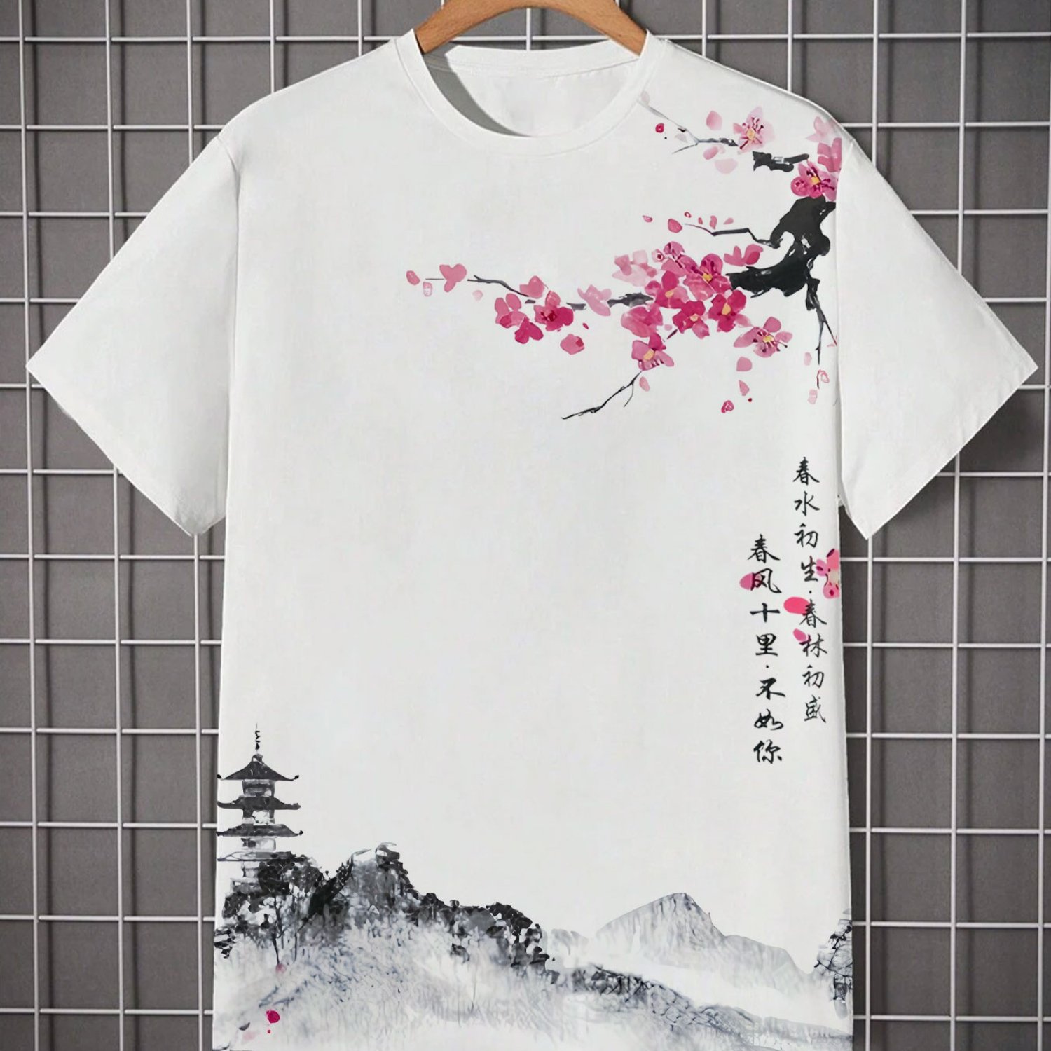 TEMU Short-sleeved T-shirt Featuring Ink Wash Painting Style With A Design That Combines Mountains And Architecture Along With Text, Comfortable And