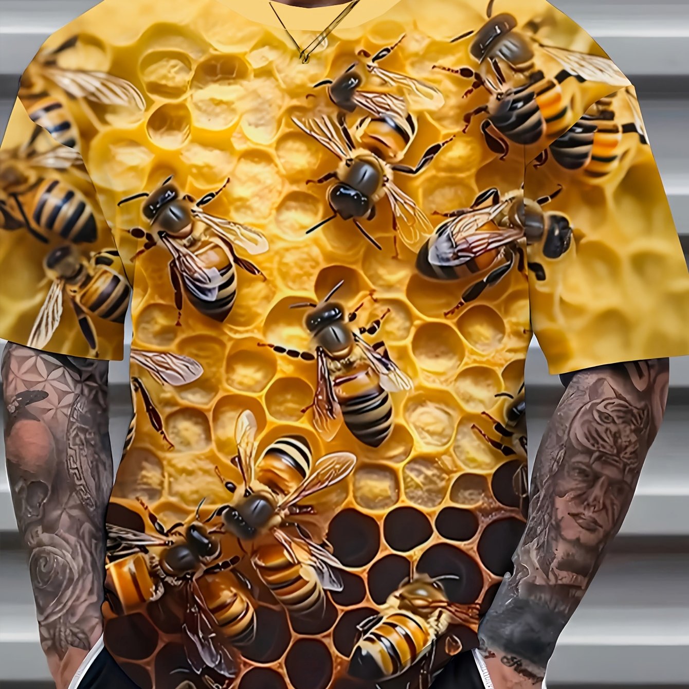 TEMU Men' And Honeycomb T-shirt - Short Sleeve Round Neck Top, Machine Washable, Regular Fit Novelty Tee, Bee Shirt, Summer Wear, Durable Fabric
