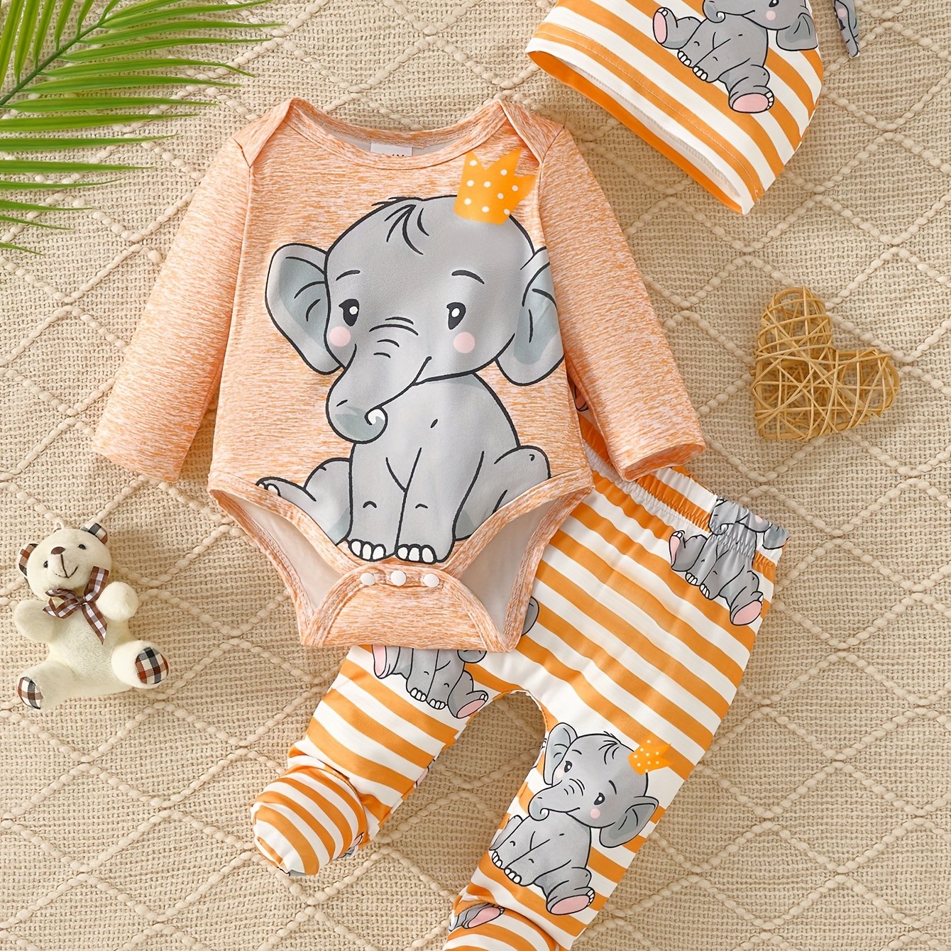 Baby Elephant Print Long-sleeve Bodysuit And Striped Elephant Print Pants Plus A Hat, For Outdoor