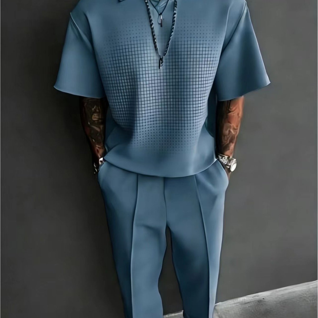 Middle Aged Men's Summer Casual Suit Loose Gradient Shirt+casual Pants Business 2pcs Set, Plus Size
