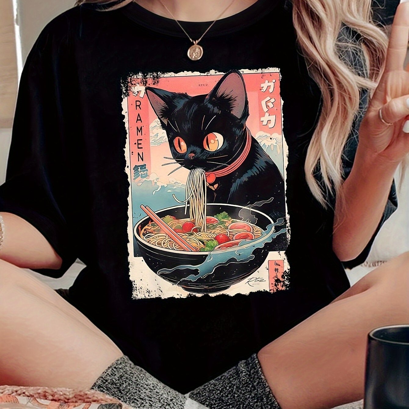 TEMU Women's Casual Cute Big- Black Kitten Eating Noodles Print T-shirt - Soft Round Neck Short Sleeve Tee, Machine Washable & Dry , Fit, Easycare