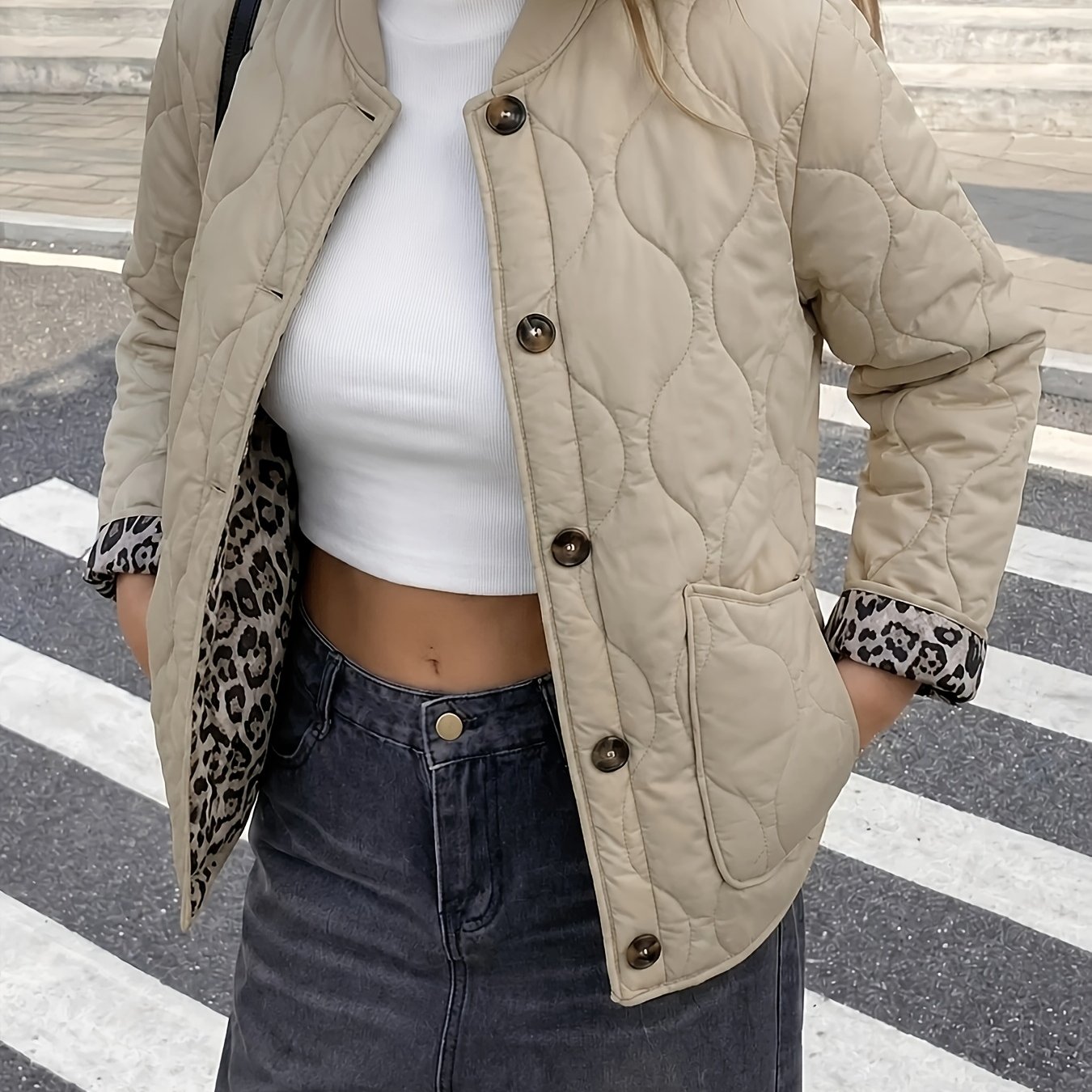 TEMU Spring, Autumn, Winter Women's Quilted Padded Jacket With Leopard Print Lining And Baseball Collar, Single-breasted Loose Fit Outerwear,