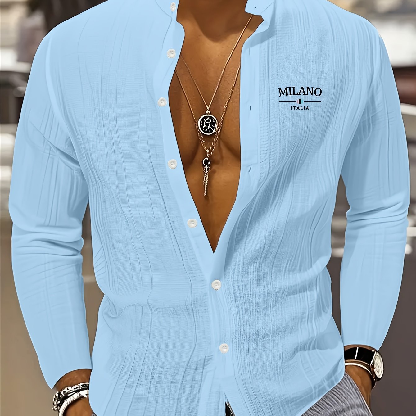 TEMU Men's Italian Print Long Sleeve Stand Collar Shirt, Button-up Fashion Versatile Top, Summer Casual Business Lightweight Breathable Fabric For