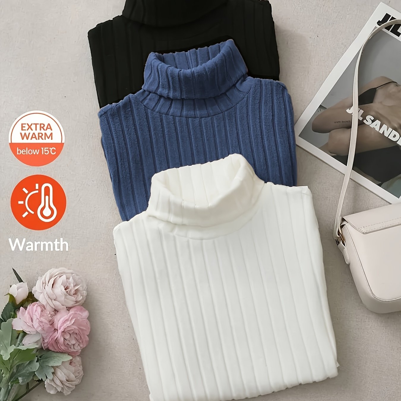 TEMU Conjunto de 3 camisetas de manga larga ajustadas de cuello alto para mujer, estilo versátil, adecuado para uso diario, ropa de otoño para mujer,