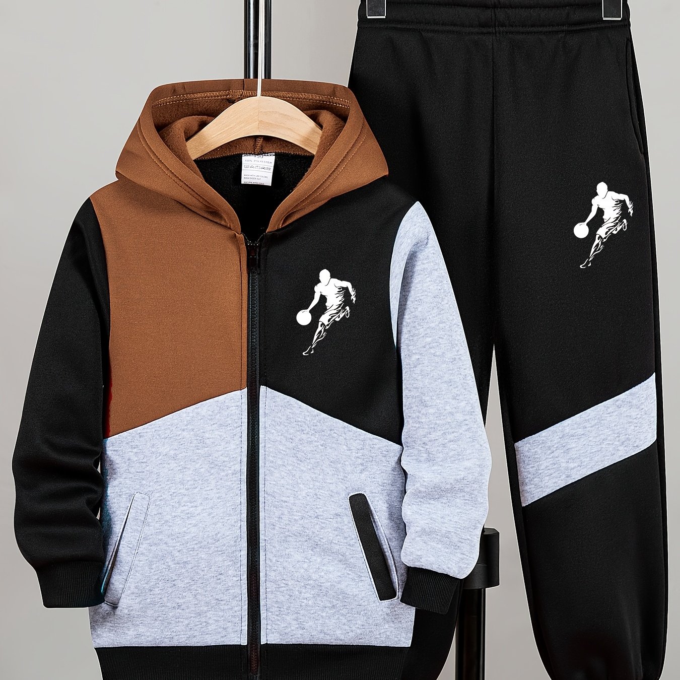 2pcs Boys' Casual Sportswear Set, Basketball Player Block Zip-up Hoodie + Pants, -lined Fashion Kids' Outfit For Autumn/winter, Perfect For Outdoor