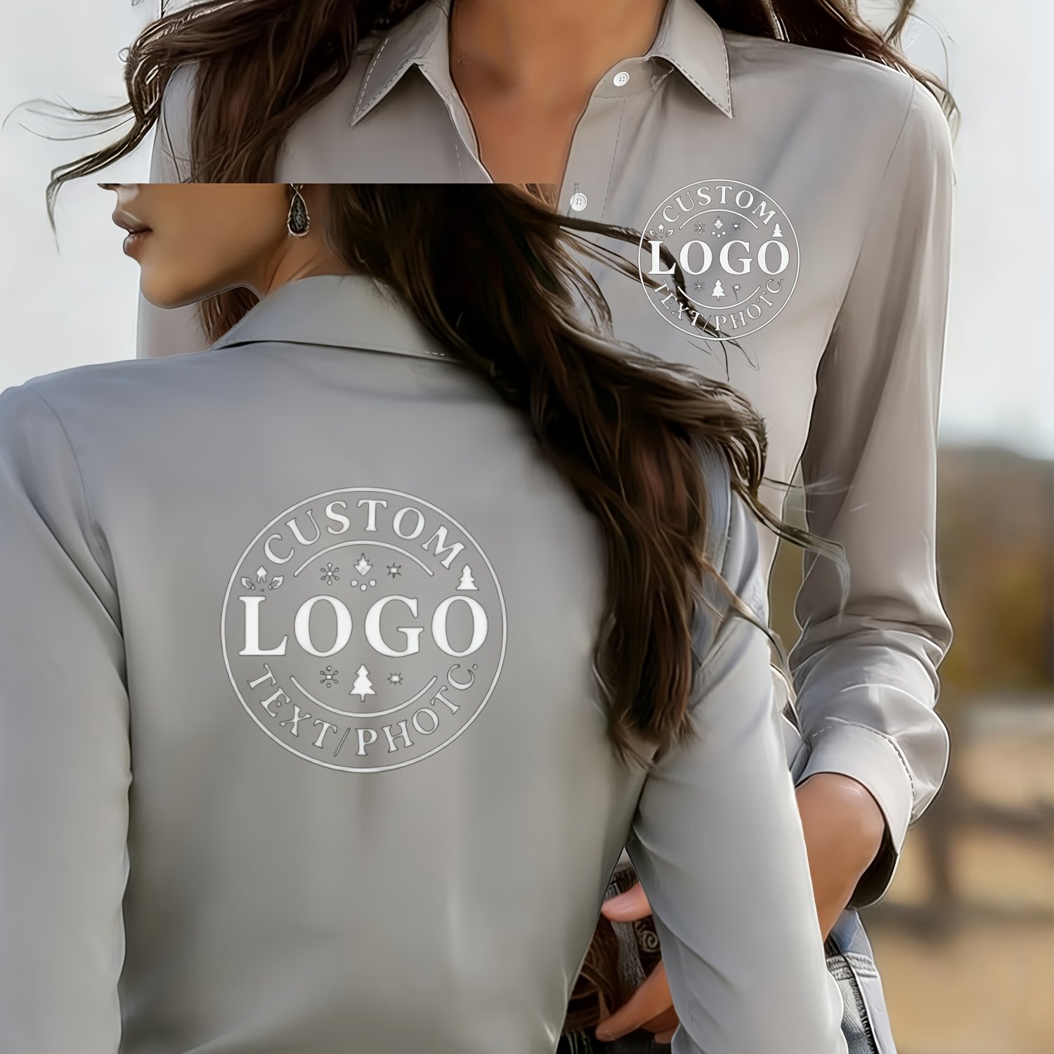 TEMU High-end Women's Custom Shirt, Front And Back Logo Print, Long Sleeve Shirt