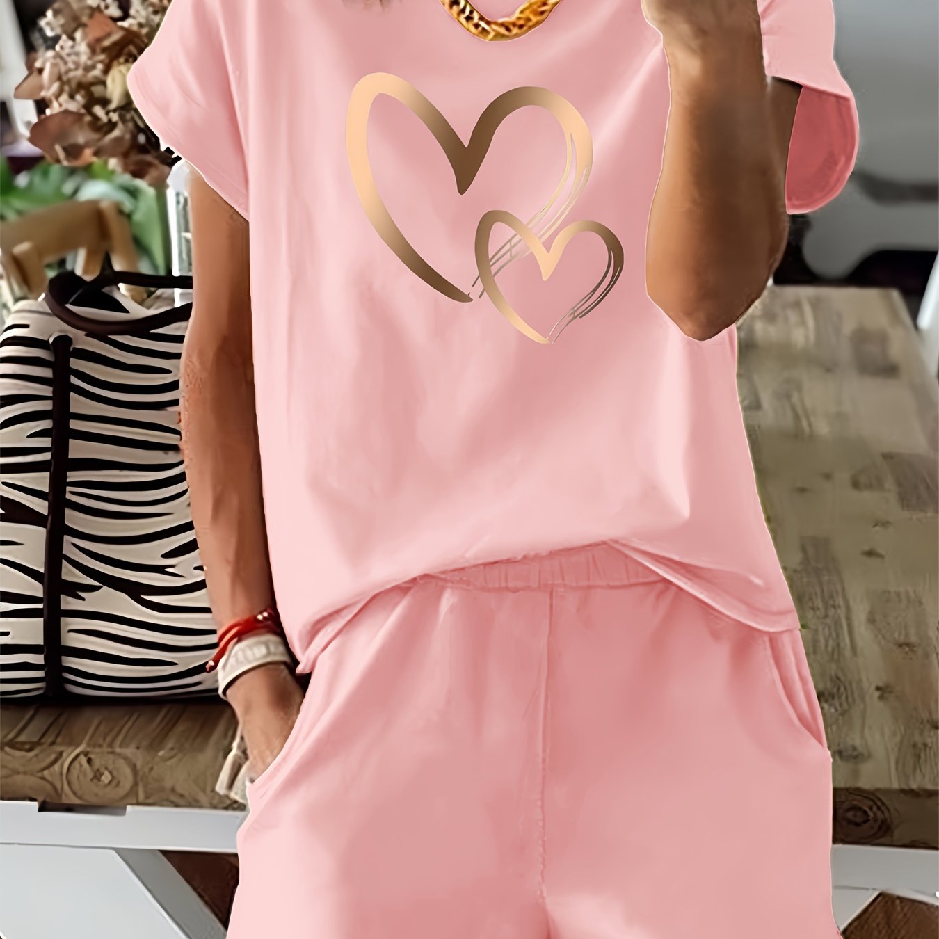 E-shop Herz-Print 2-teiliges Set, Kurzarm-T-Shirt & Shorts, Damenbekleidung