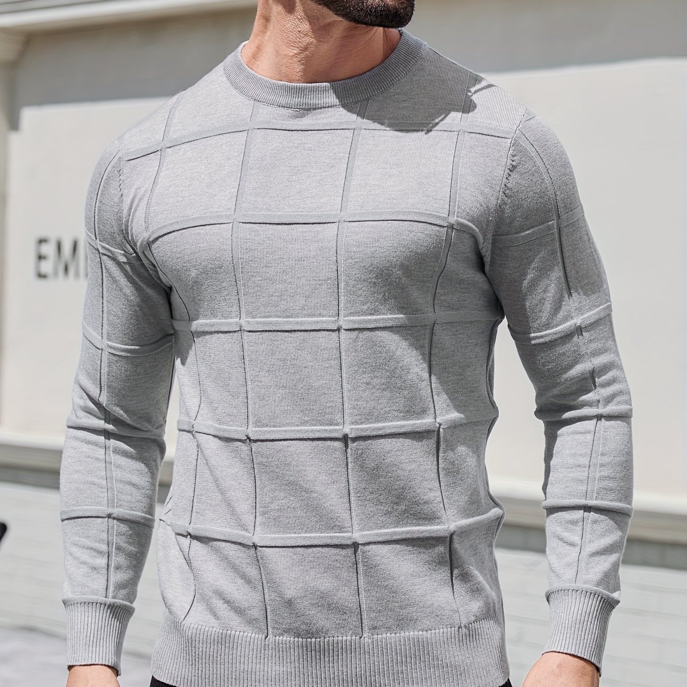 Image of Men's Autumn/winter Sweater Base Layer Vintage Geometric Pattern Crew Neck Solid Color Pullover