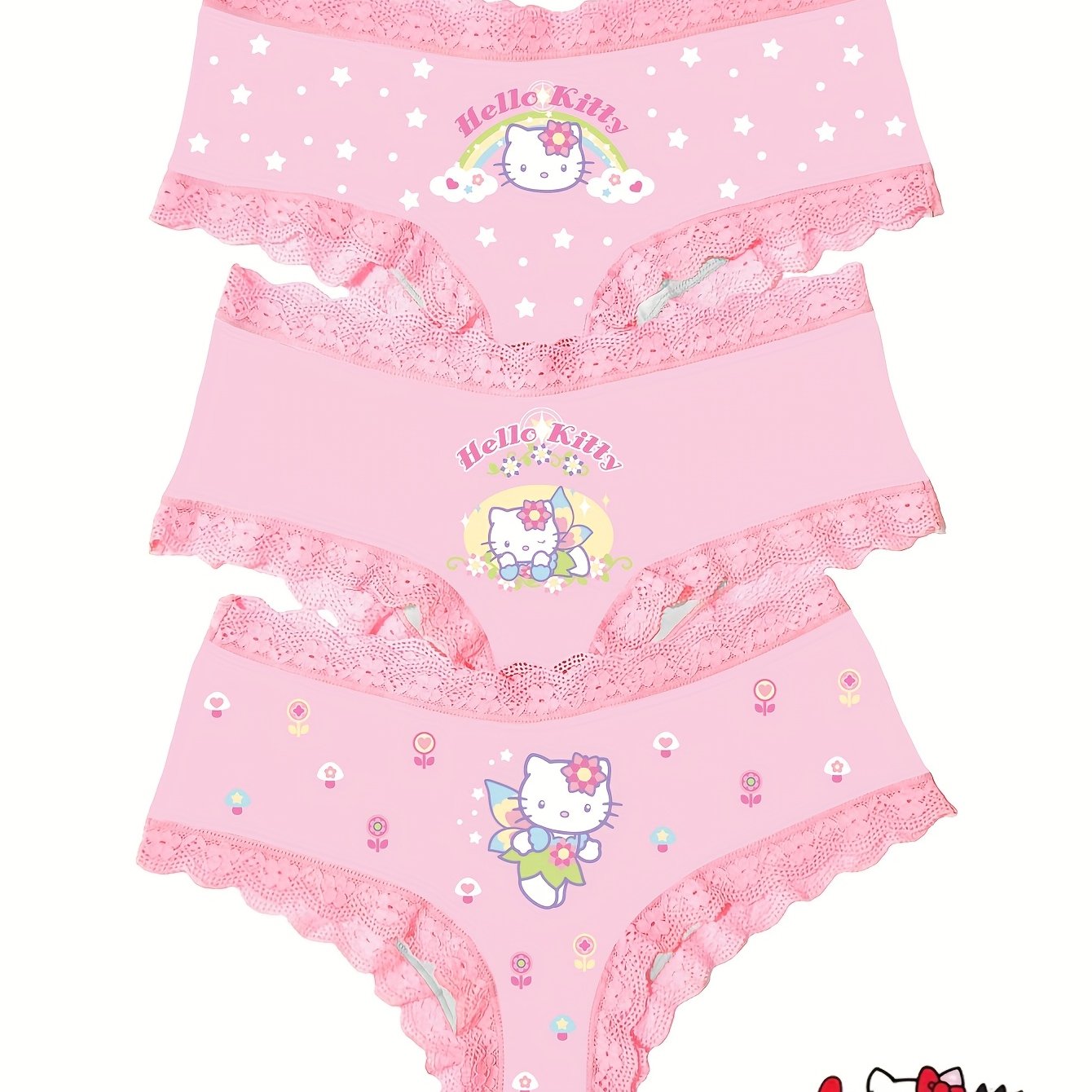 Hello Kitty Cute Winged Hello And Flower Cartoon Print Pink Lace Comfortable Women' Panties, 3-pack