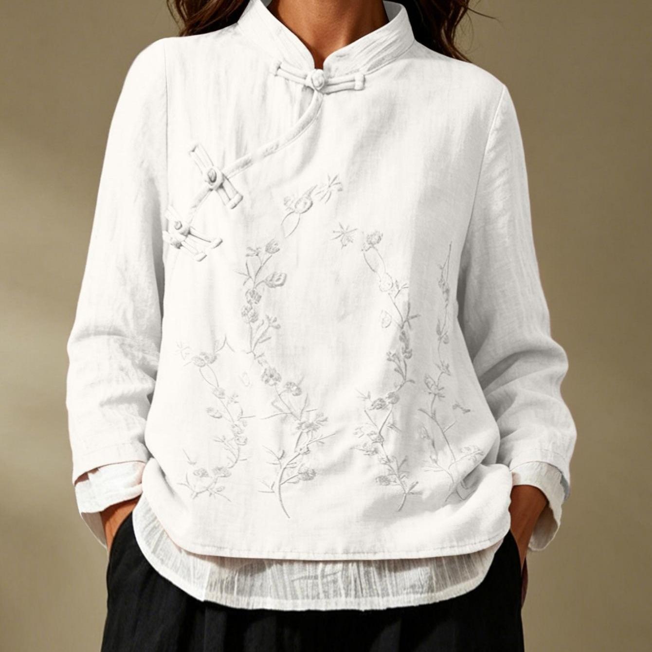 Image of Women's Autumn Tops Fashion Solid Color Embroidered Neck Long Sleeve Button- Pullover T-shirts Dressy Casual Loose Fitted Soft Comfy Daily Going Out Office Business Work Outfit