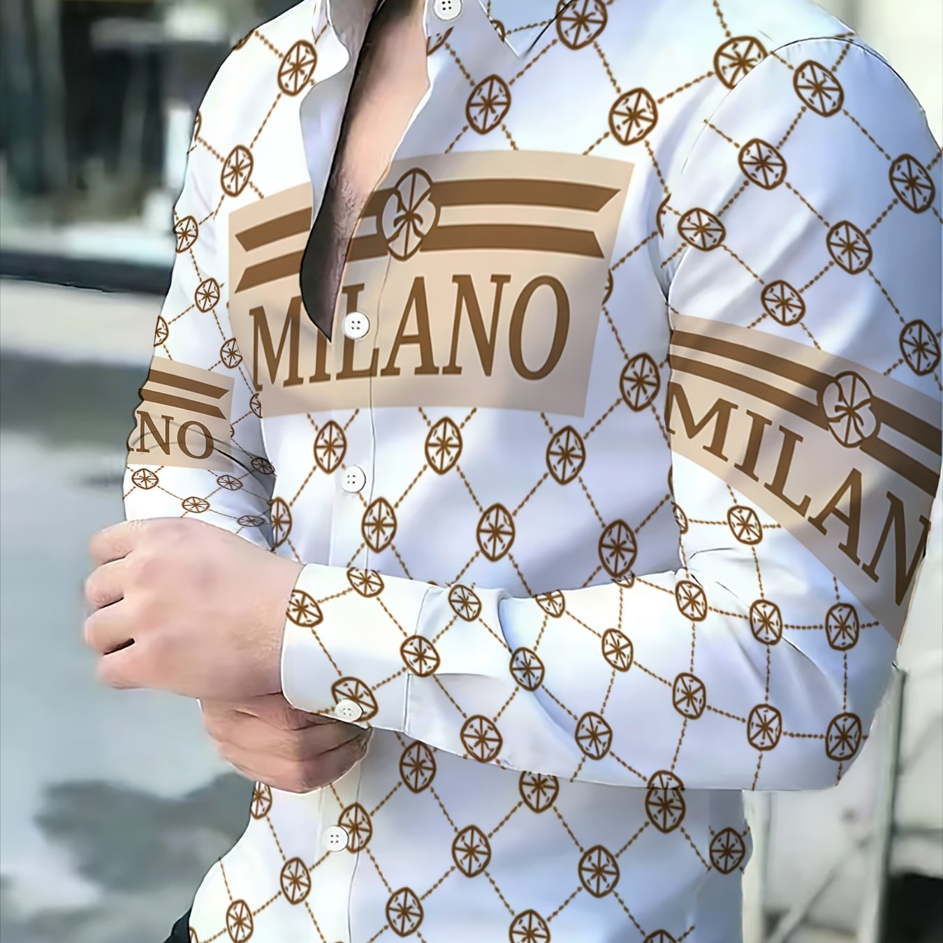 TEMU Men's Printed Long-sleeve Shirt With Chain Pattern, Fashionable Casual Top, New Men's Apparel