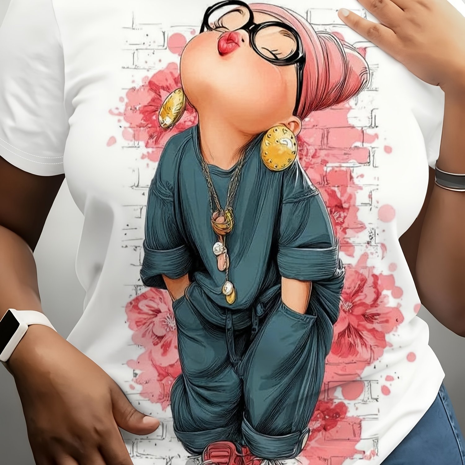 TEMU Trendy And Cute ' Printed Short Sleeved T-shirt, Artistic Loose Round Neck Top, Women's Clothing, Plus Size Women's Clothing, Women's Digital