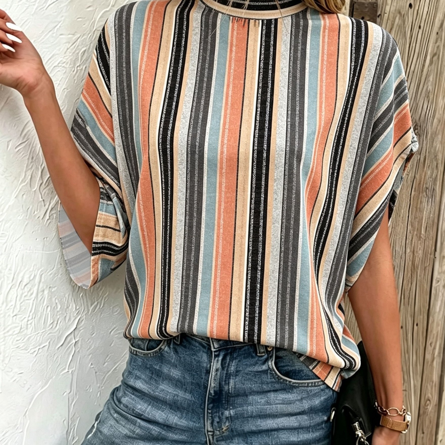 TEMU Elegant Directional Women's Small Lapel Back Bow Striped Printed Batwing Sleeve Short Sleeve Shirt Top, Suitable For Spring Summer Fall, Casual