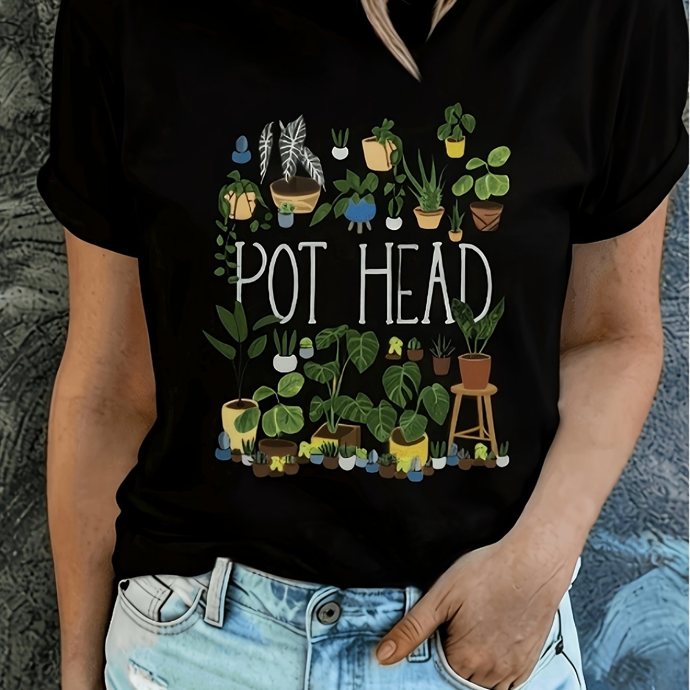 TEMU Pot Head Plant Lover Print Black Casual Crew Neck Women's T-shirt