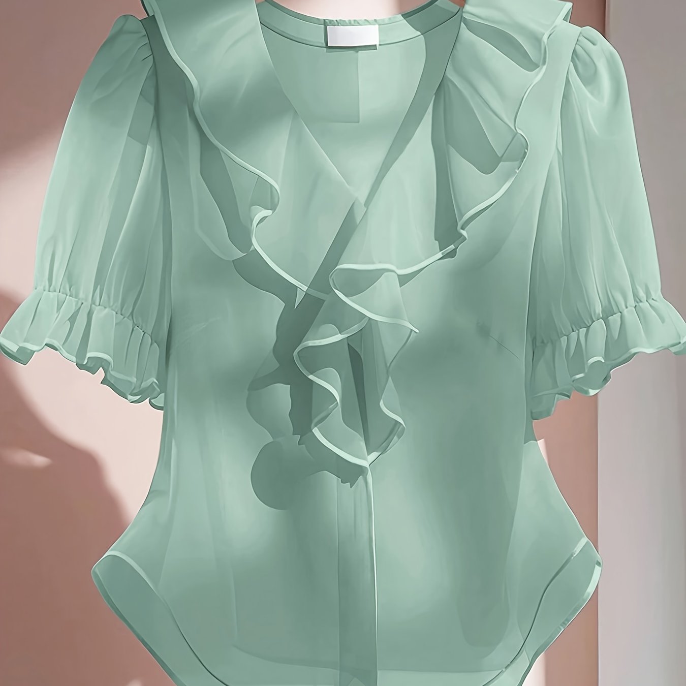 TEMU Elegant V-neck Short-sleeve Blouse With Collar - Sheer Suitable For - Wear, Machine Washable Casual To Dressy