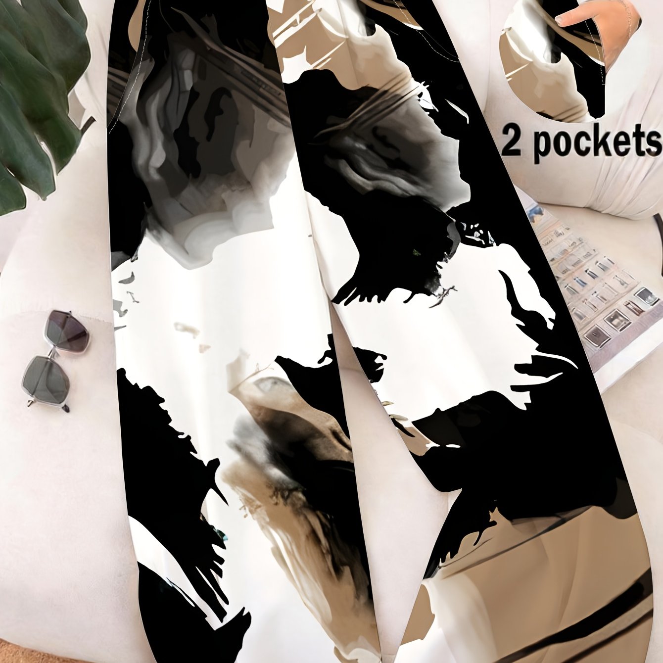 TEMU Women's Straight Leg Pants With Abstract Black And Beige Ink Wash Pattern, Ideal For Casual , Travel, Office Or Beach Wear, Comfortable And