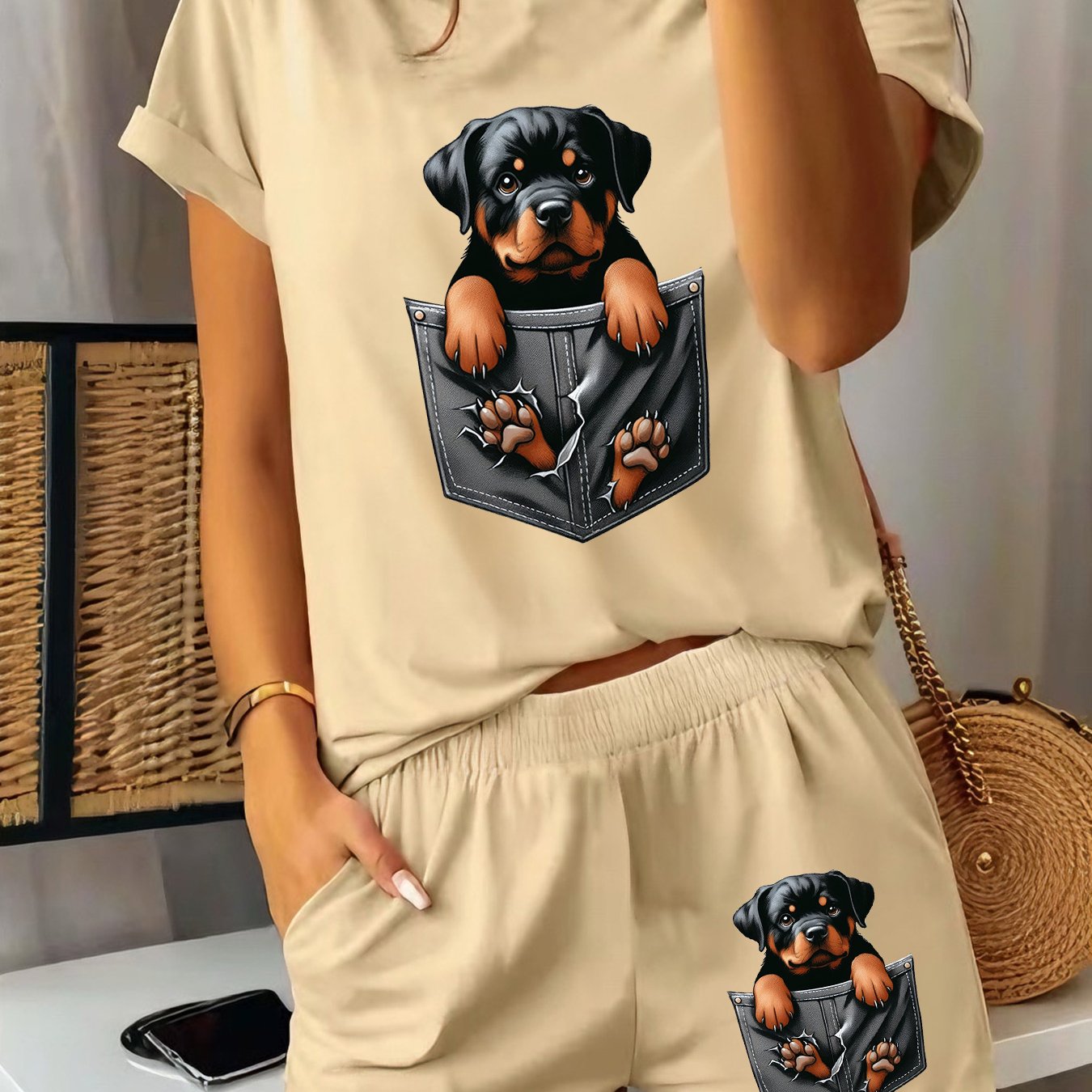 TEMU 2pcs Women's Summer Short Sleeve Setâcute Rottweiler With , Fun Pattern Print Short Sleeve Shorts Set, Comfortable, Soft, And Breathable For