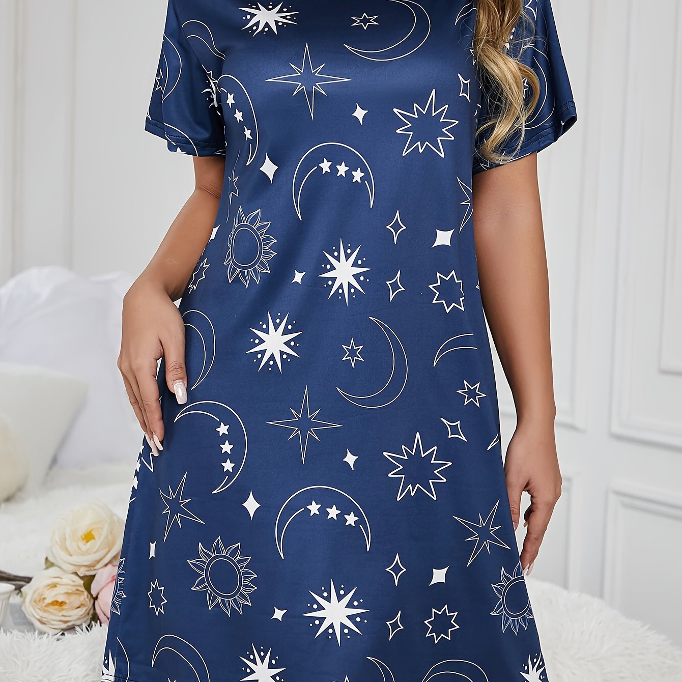 TEMU Moon & Star Print Nightgown, Casual Short Sleeve Round Neck Loose Fit Tee Dress, Women's Sleepwear