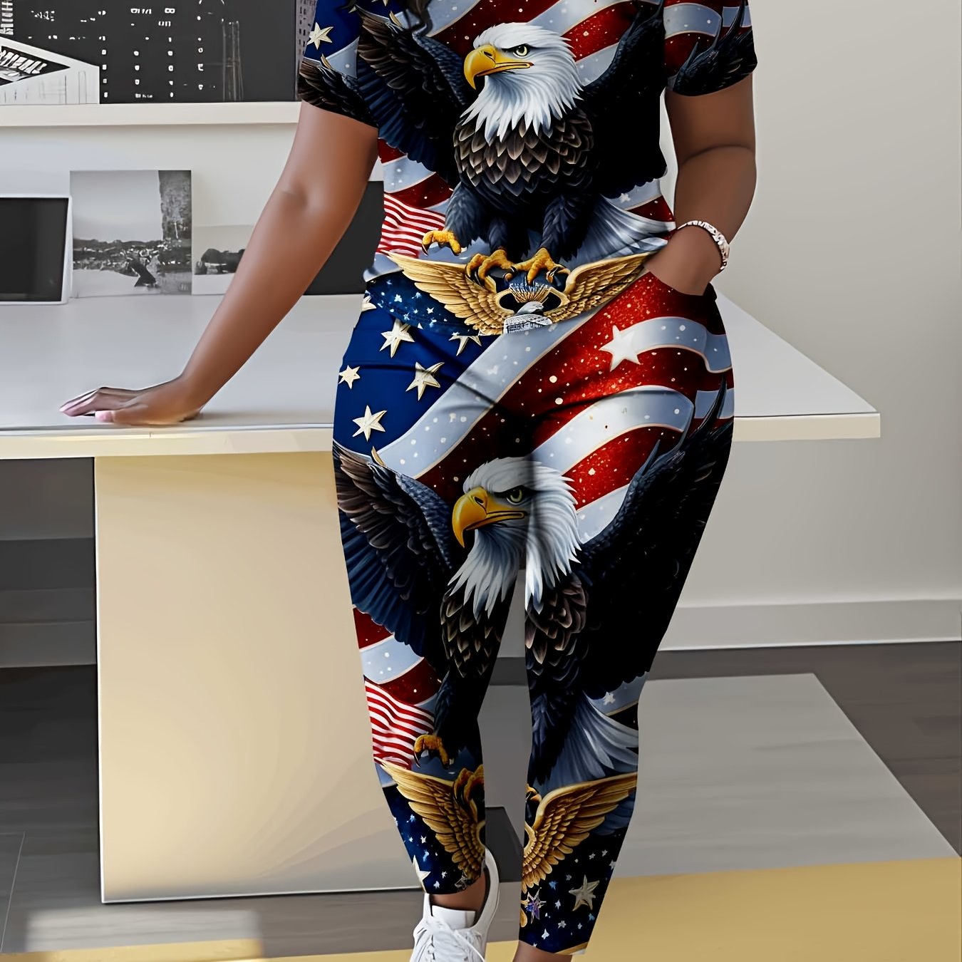 2pcs Set, Women's Casual And Fashionable American Flag Eagle Print Round Neck Short Sleeved T-shirt And Yoga Pants