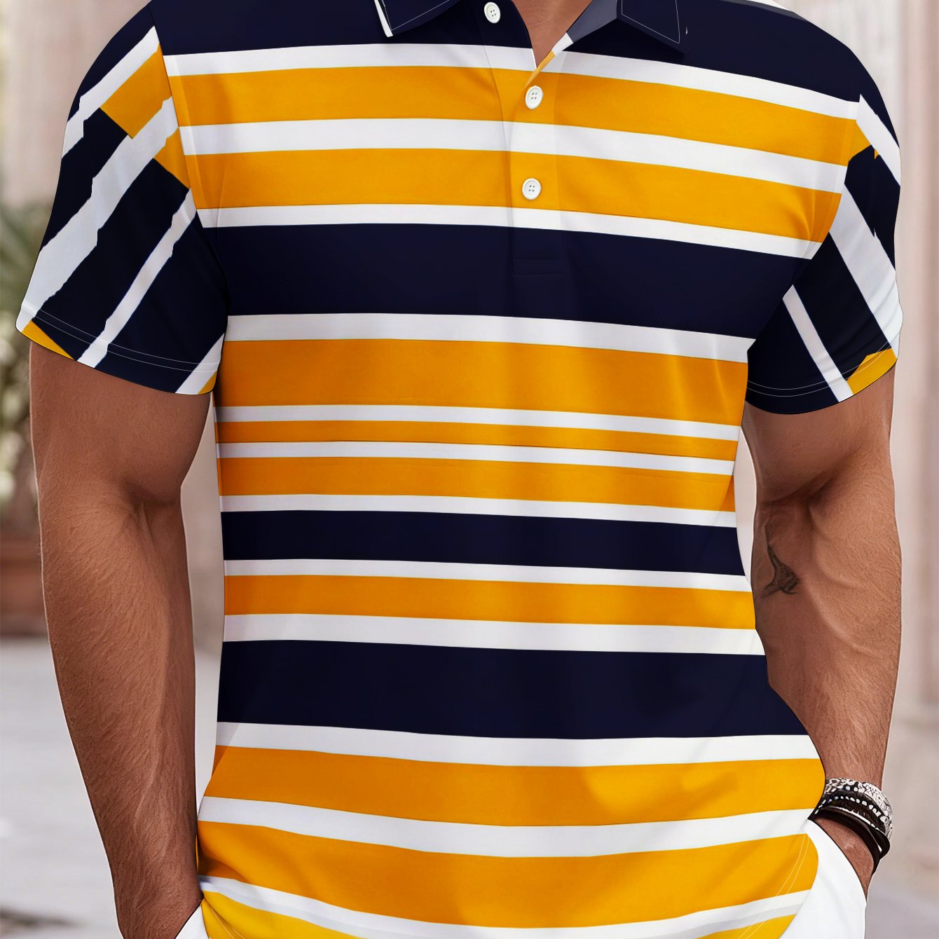 TEMU Men's Short-sleeve Shirt With Blue & Yellow Striped Full-body Print - Button-front Collar Collar, Non- Suitable For Dates, Beach Vacations,