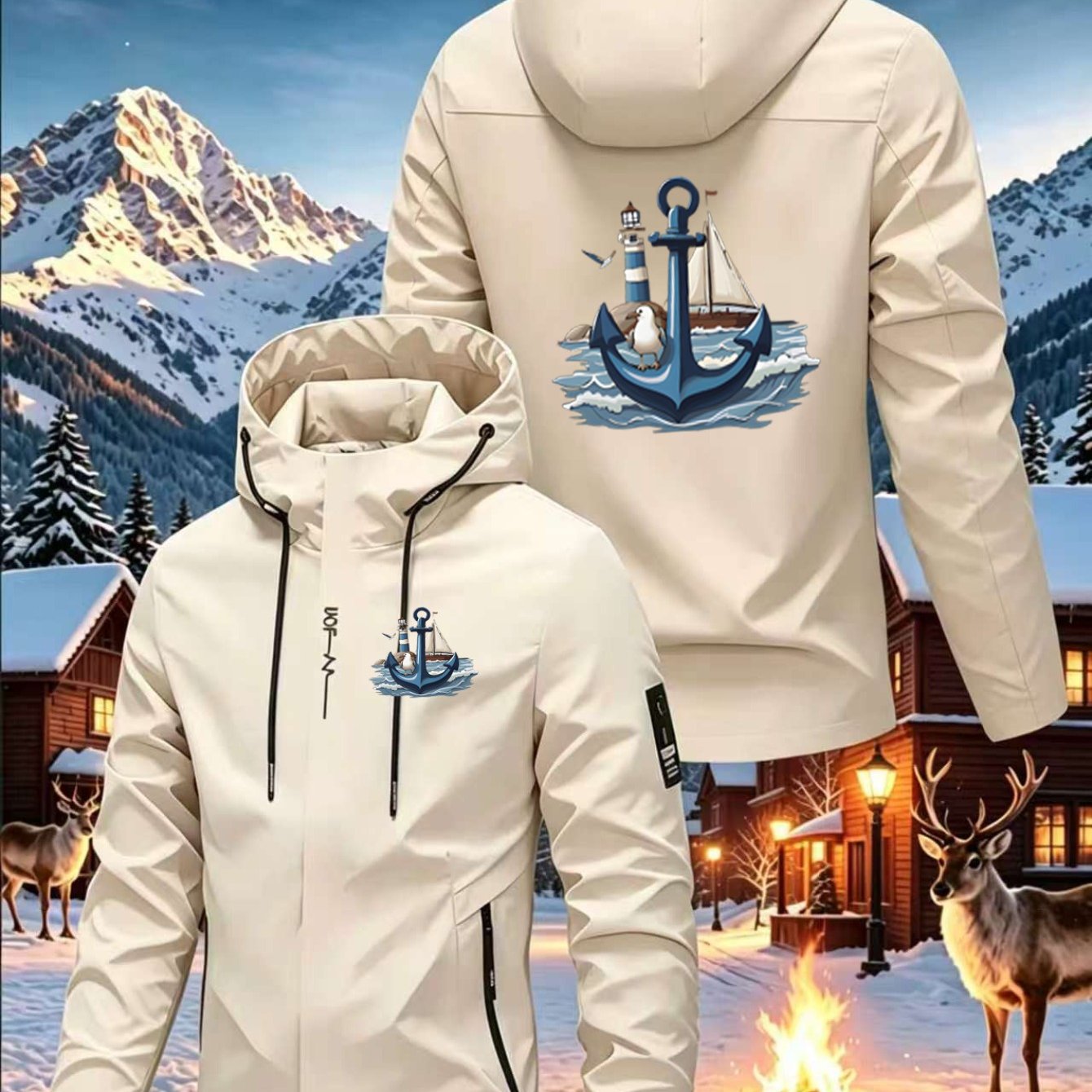 TEMU Fashionable New Windbreaker With Anchor And Seagull Print, High-quality Hooded Zip-up Windproof Riding Jacket, 100% Polyester, Long Sleeve,