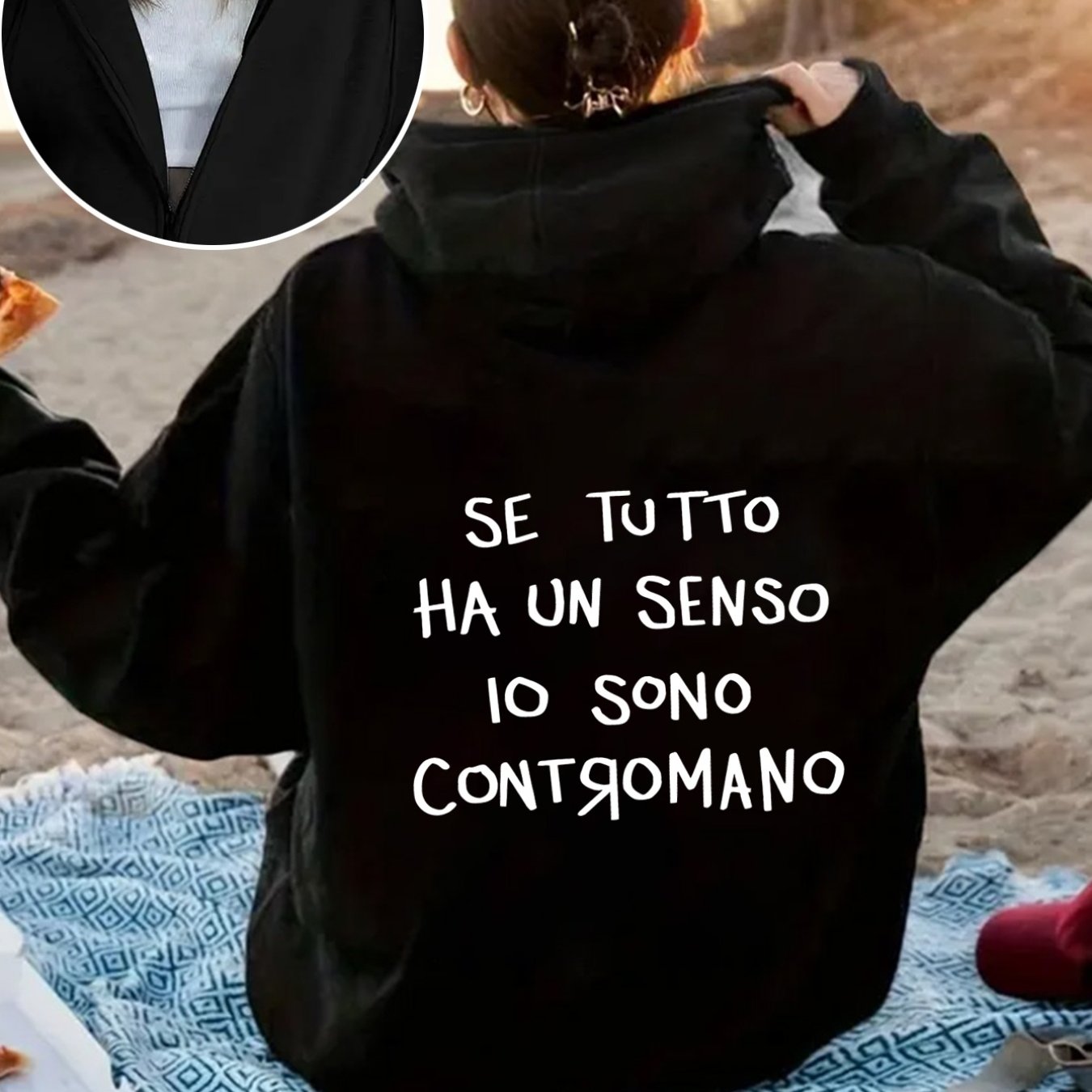 TEMU Giacca con cappuccio casual da donna con stampa "SE TUTTO HA UN ", design , con zip e stampa sul retro