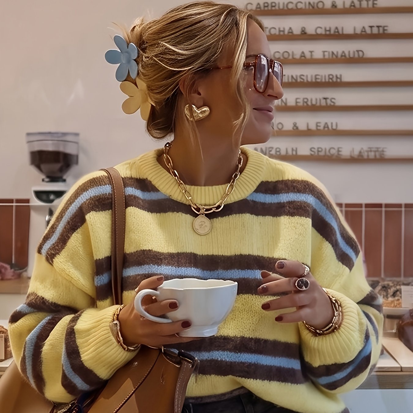 TEMU 2026 Autumn Winter New Women's Contrast Color Striped Pullover, French Style Loose Casual Long Sleeve Sweater For Autumn Winter, Ideal For Daily