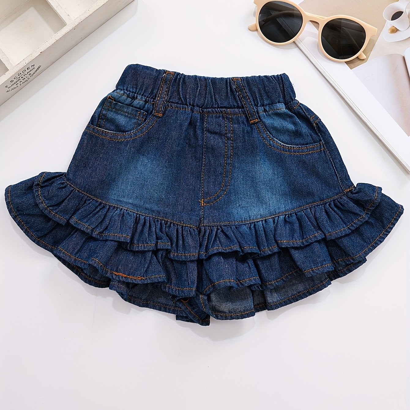 TEMU Girls' Denim Shorts With Lotus Leaf Hem