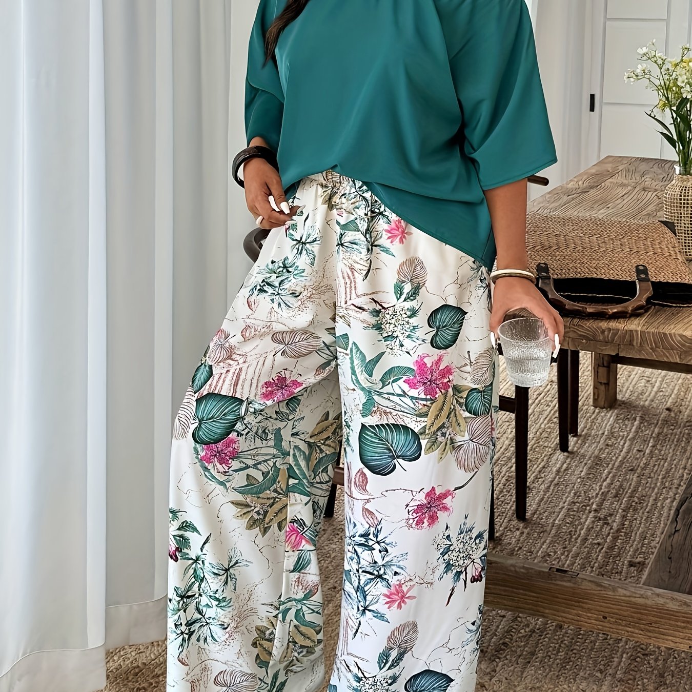 Plus Size - Plus Size - New Summer Plus-size Women's Loose Top With Printed Wide-leg Pants, A Casual Two-piece Set For Vacation