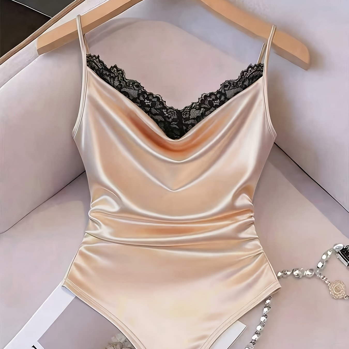 TEMU Spring/summer Women's Fashionable And Elegant Lace-trimmed Halter Neck Bodysuit, Light Luxury Satin Charmeuse Bodysuit, Lace-trimmed Sexy