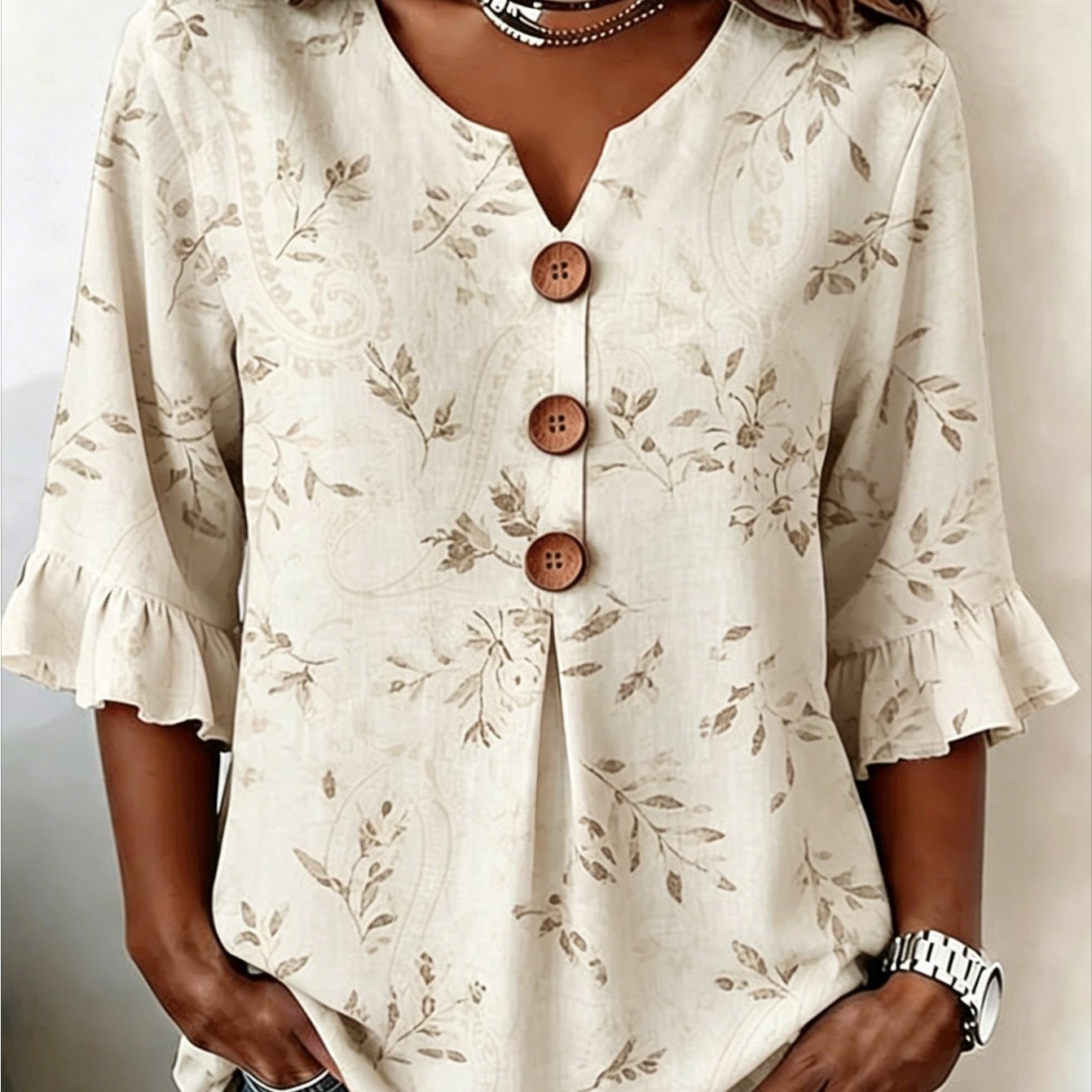 Image of Plus Size, Plus Size Women's V-neck Button Style Autumn Fabric Green Leaf Print Loose Top, Suitable For Casual Travel And Daily Wear, Is The Most Perfect Gift For Mothers And Sisters