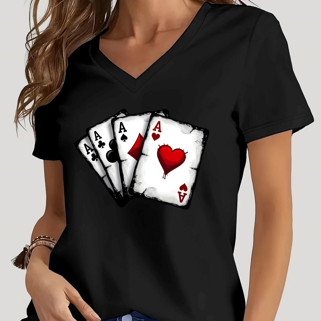 TEMU Letter Print T-shirt, Short Sleeve V Neck Casual Top For Summer & Spring, Women's Clothing