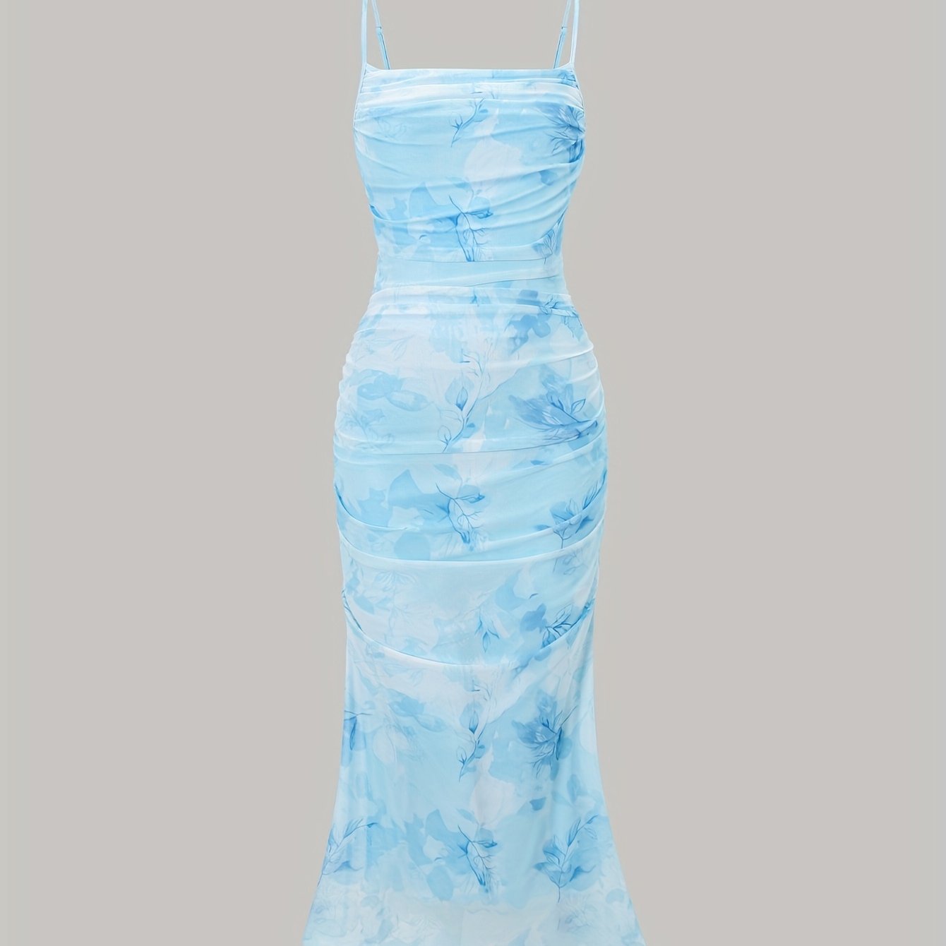 Blue Sexy Slim Floral Print Pleated Mesh Strappy Long Dress