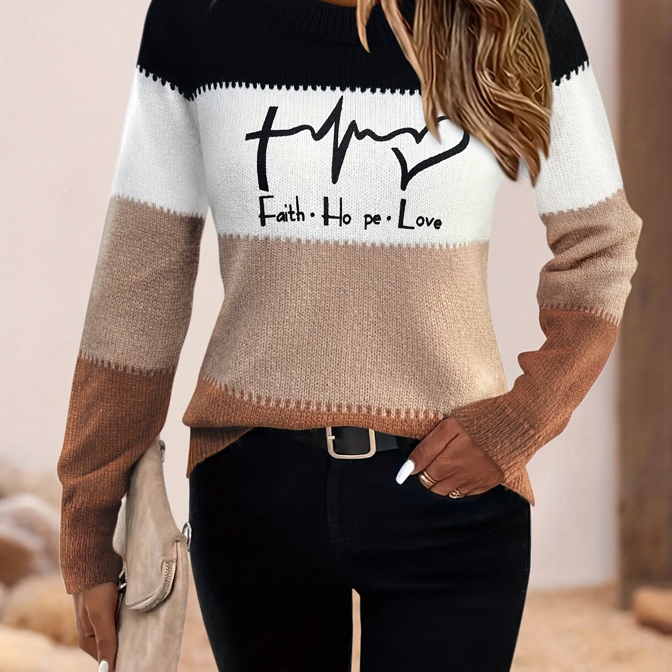 Image of Women's Fashion Winter Letter -block Sweater Round Neck Casual Sweater Top Women's Clothing