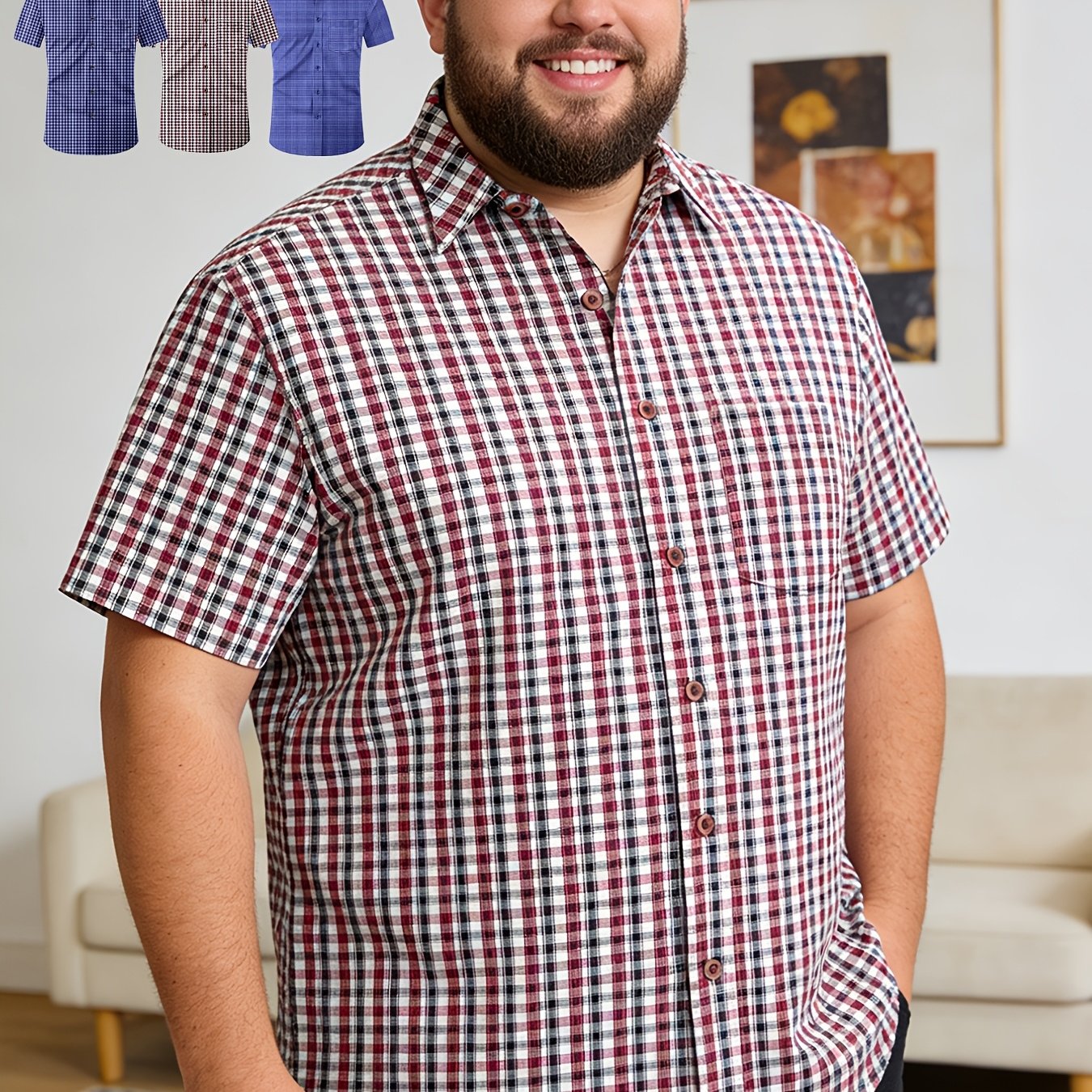 Image of 3pcs Men's Plus Size Fashion Casual Business Shirt Set, Short Sleeve Shirts, Plus Size