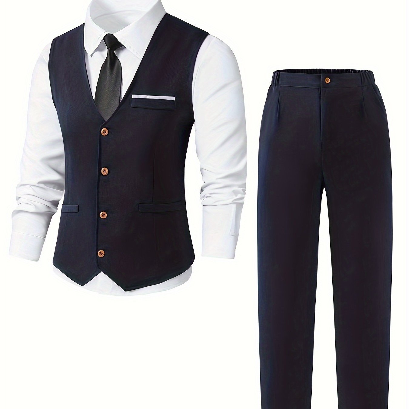 TEMU 2pcs Teen Boy Gentleman Suit Two-piece Navy Fit Vest, Same Color Textured Long Suit Pants Formal Elegant Romantic Gorgeous Dress Birthday Party
