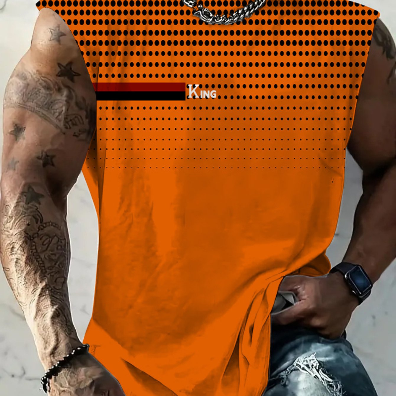 TEMU [printed Design - Not Textured] Men's Plus Size Sleeveless Vest, Polka Dot And King Letter Print - Comfortable Summer Fitness Top, Casual Round